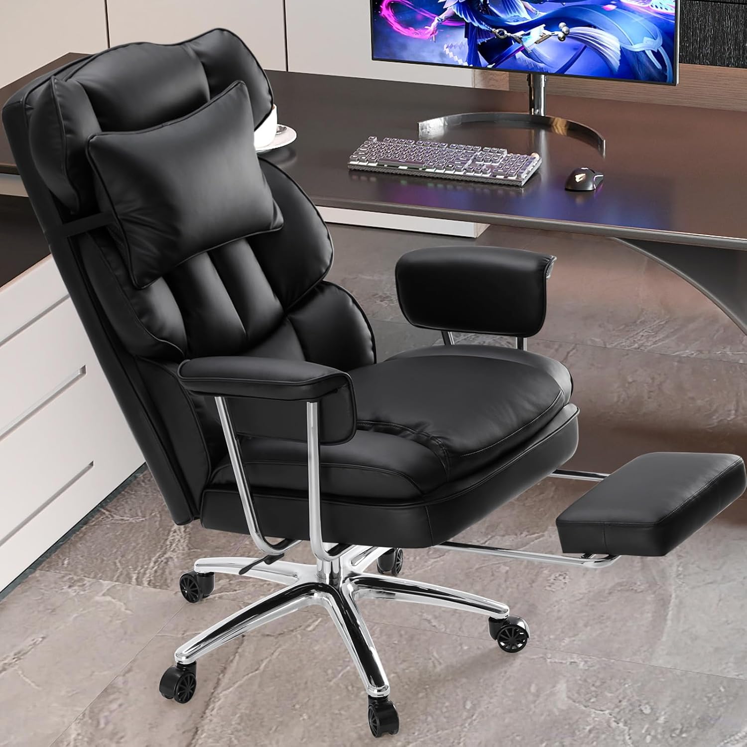 DUMOS Home Office Desk Executive Chair - Ergonomic Big Tall High Back with Footrest & Lumbar Support, Reclining Height Adjustable, Comfy PU Leather Computer Gaming with Swivel Wheels, Black