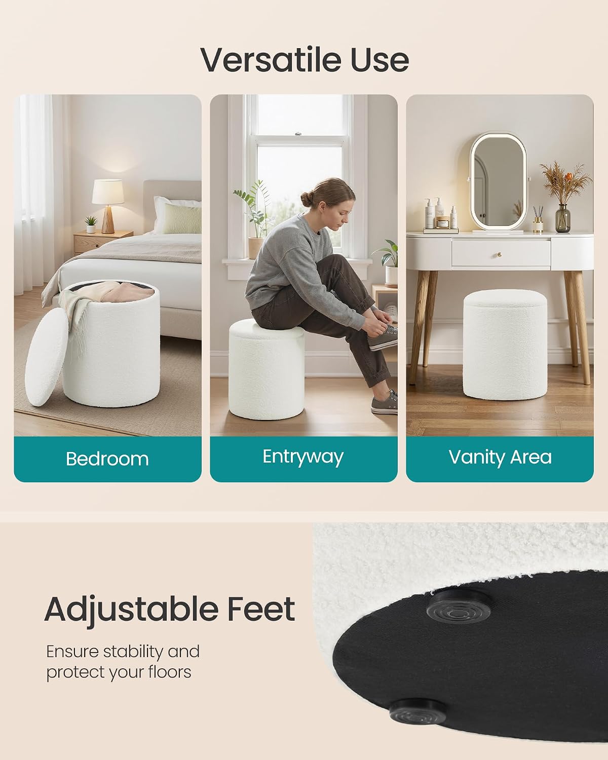 SONGMICS Vanity Stool, Set of 2, Round Storage Ottoman, Small Ottoman Coffee Table, Foot Stool, Removable Lid, for Living Room, Bedroom, Hallway, Easy Assembly, Teddy Fleece, Cream White ULOM013WD01