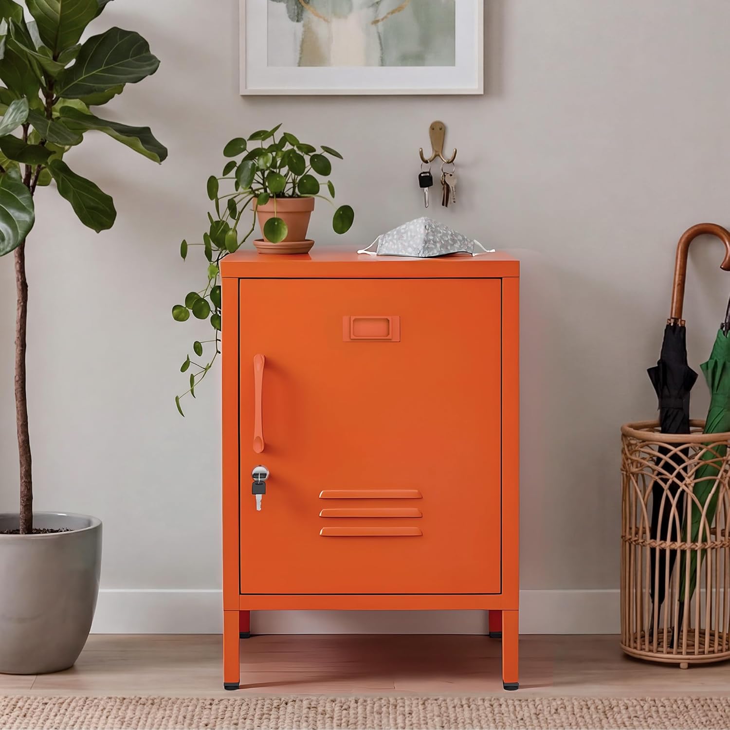 Lockable Metal Nightstand with Door, Industrial Storage Locker End Table, Small Bedside Table for Bedroom Living Room Dorm, Orange