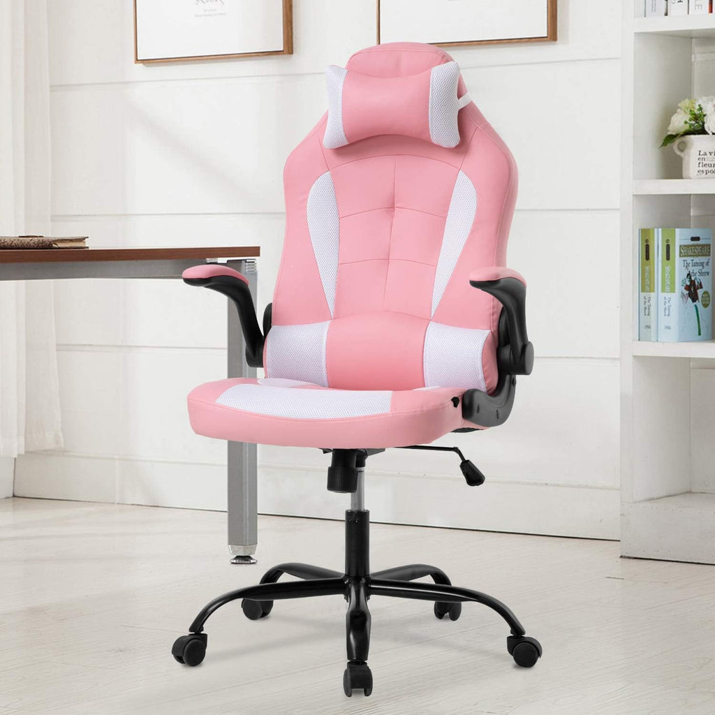 PC Gaming Chair Video Game Chair， Racing Style Office High Back Desk Executive PU Leather Rolling Task Swivel Computer with Lumbar Support Headrest,Pink