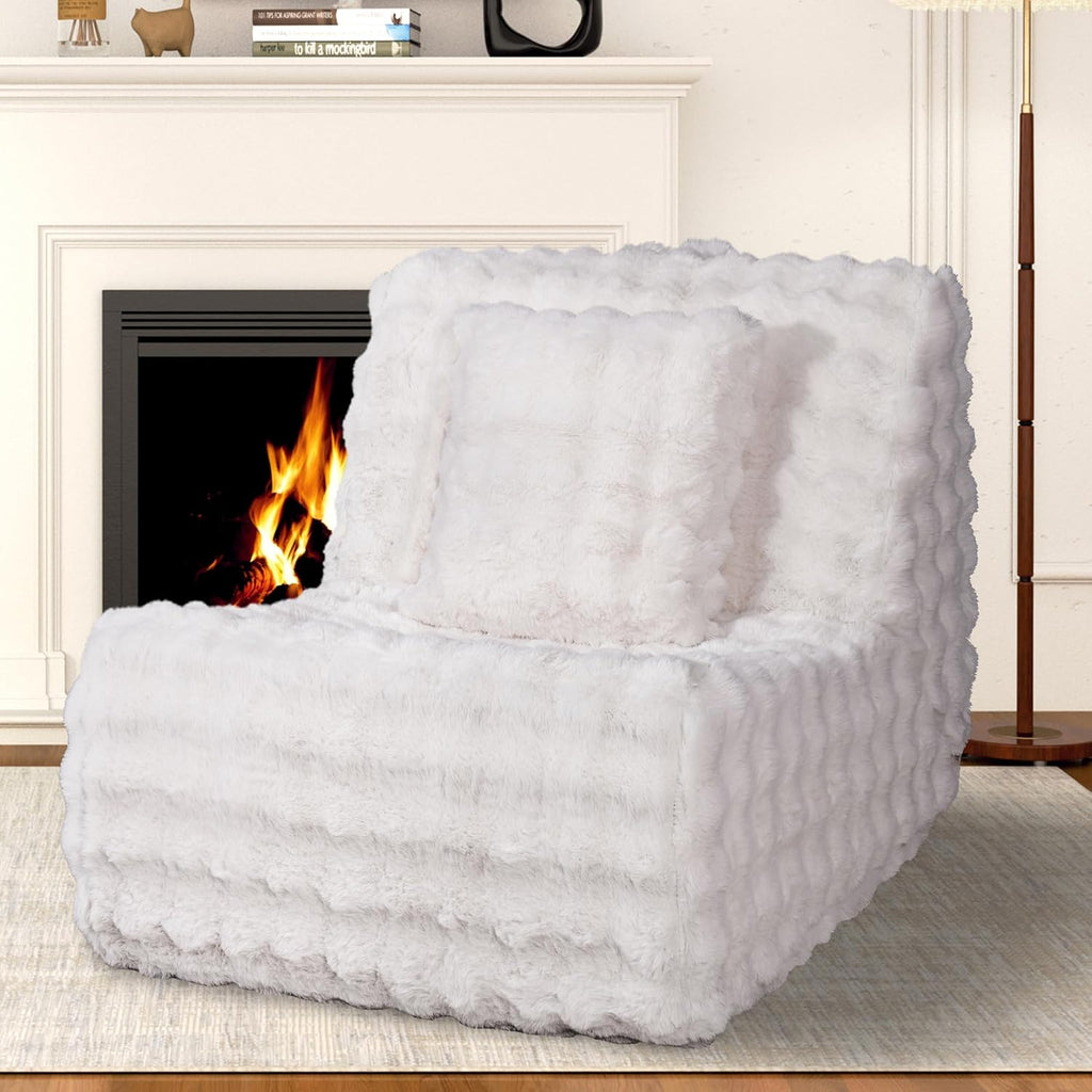 Bean Bag Chair for Adults, Giant Bean Bag Sofa with Soft Pillow, Comfy Faux Fur Fireside Beanbags with Handle for Living Room, Bedroom, Apartment, Bubble White