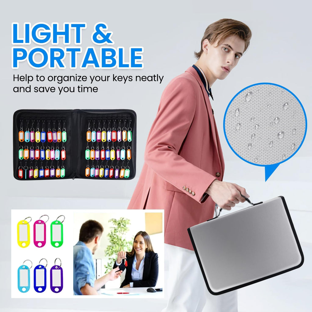 Zippered Case, Portable Organizer With Handle, Waterproof & Fireproof Binder With 54 Hooks and Tags, Key Box for Estate Sales, Hotel Executives, Landlord (Silvery)