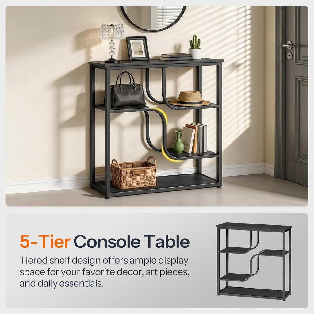 HOOBRO 29.5" Console Table, 5-Tier Narrow Entryway Table, Behind Couch Table with Storage Shelves, Sofa Table for Hallway, Living Rooms, Entryway, Black BB69XG01