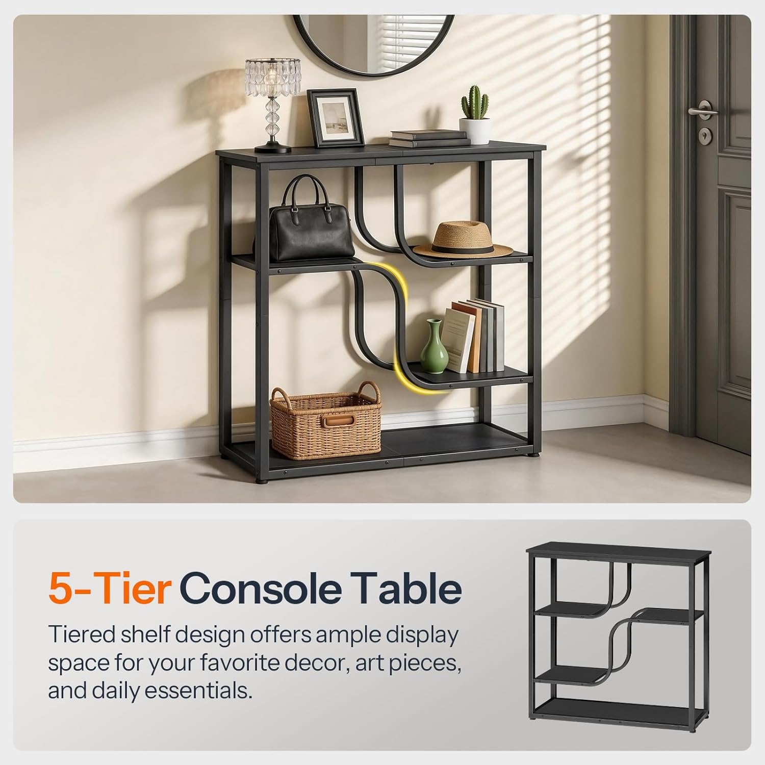 HOOBRO 29.5" Console Table, 5-Tier Narrow Entryway Table, Behind Couch Table with Storage Shelves, Sofa Table for Hallway, Living Rooms, Entryway, Black BB69XG01