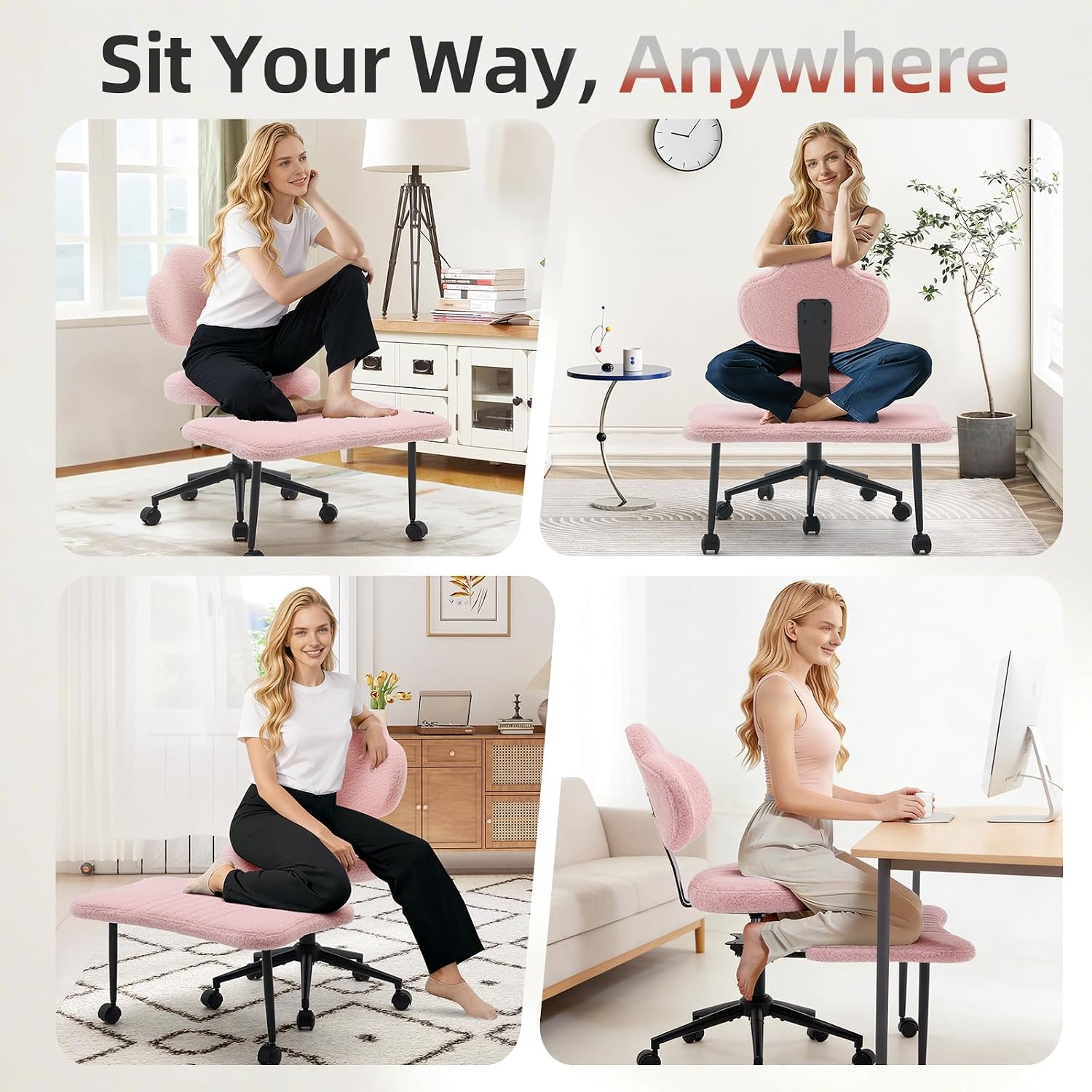 Ergonomic Cross Legged Chair, 360° Swivel Meditation Chair with Wheels, Height Adjustable Seat for Meditation, ADHD & Yoga, Teddy Fabric Yoga Stool for Home Office, Pink