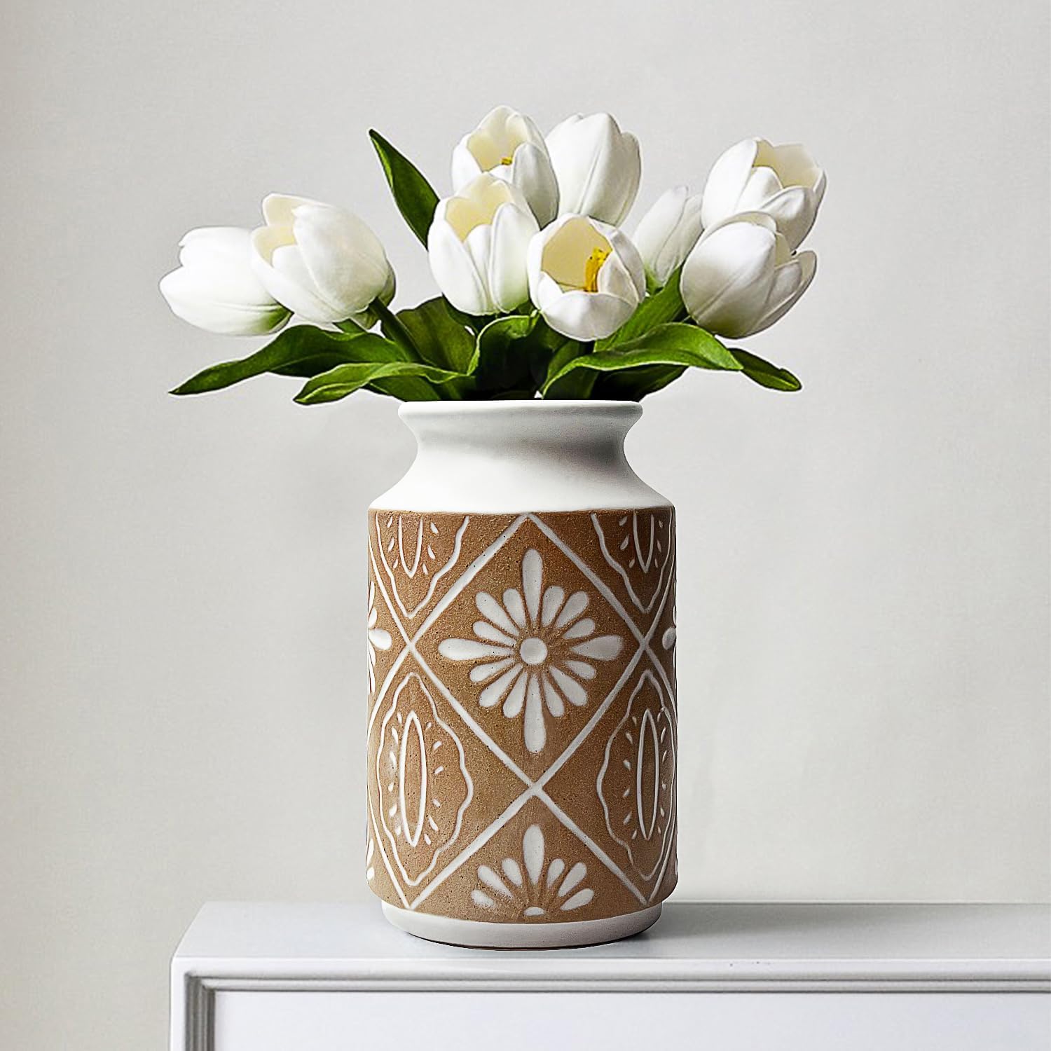 Rustic Ceramic Vase Set of 2 for Living Room Bedroom 11.02'' and 9.05'' Large Unique Flower Vases for Home Decor Office Centerpieces Fireplace Vintage Antique Farmhouse Modern Gift for Plant