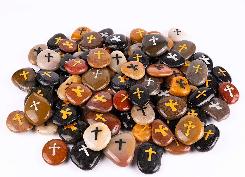 ROCKIMPACT 100PCS Cross Engraved Rocks Inspirational Stones Clinging Cross Heavenly Blessings Gifts Faith Stones Novelty Gratitude Rocks Healing Prayer Stones Encouragement Rocks Wholesale, 2"-3" ea