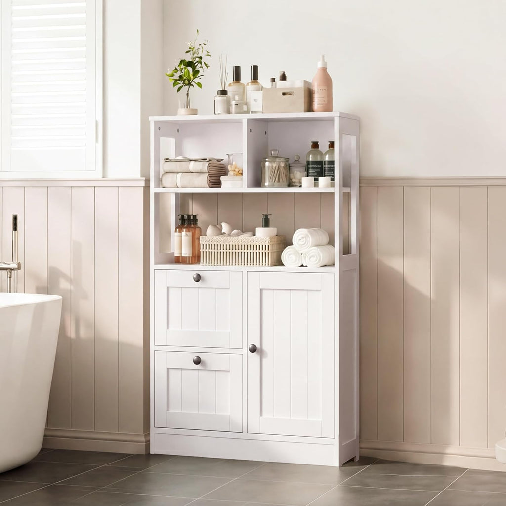 GRUSIGN Bathroom Storage Cabinet with Door and Drawers, Small Freestanding Bathroom Cabinet Organizer, Farmhouse Wooden Cupboard with Adjustable Shelves for Kitchen, Living Room, White