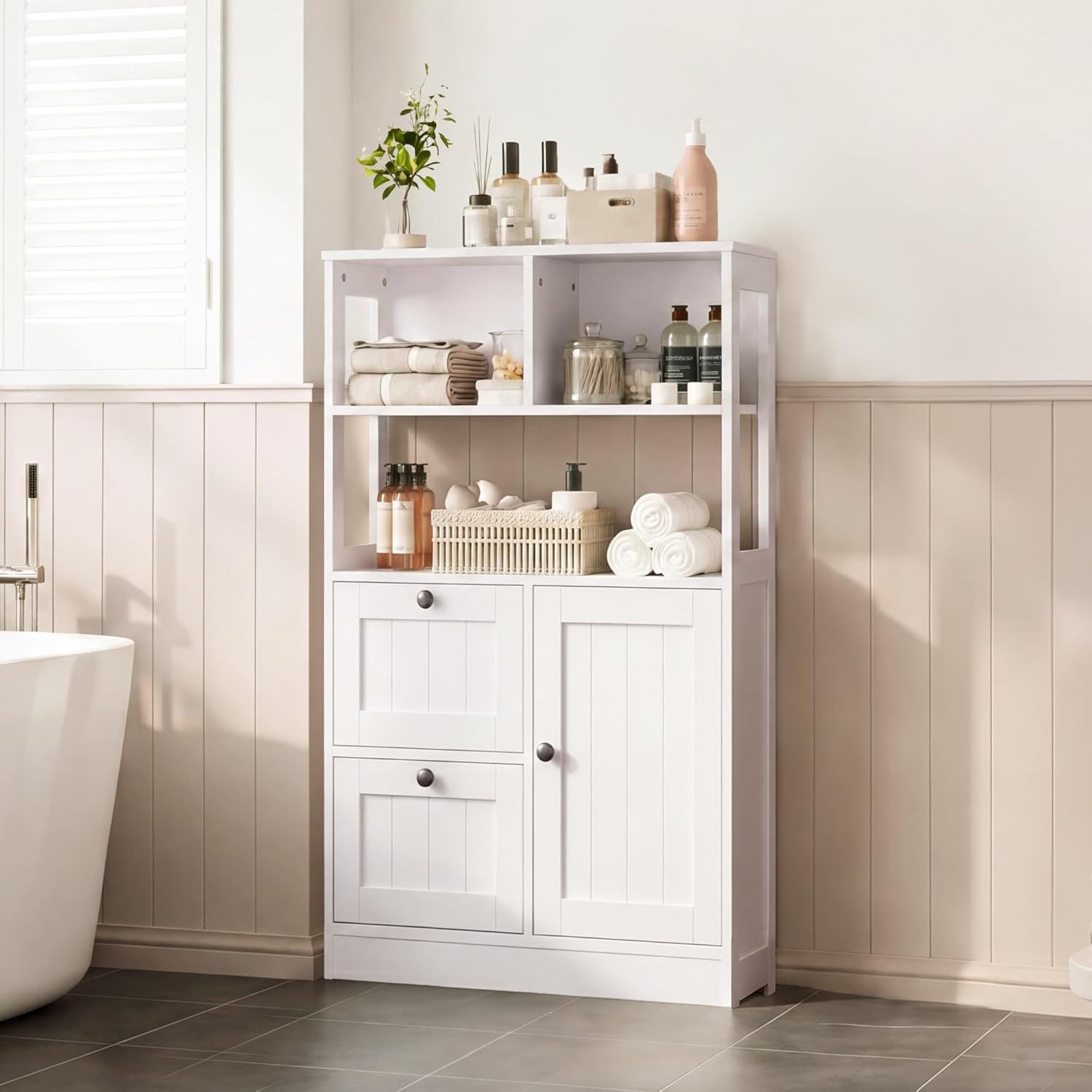 GRUSIGN Bathroom Storage Cabinet with Door and Drawers, Small Freestanding Bathroom Cabinet Organizer, Farmhouse Wooden Cupboard with Adjustable Shelves for Kitchen, Living Room, White