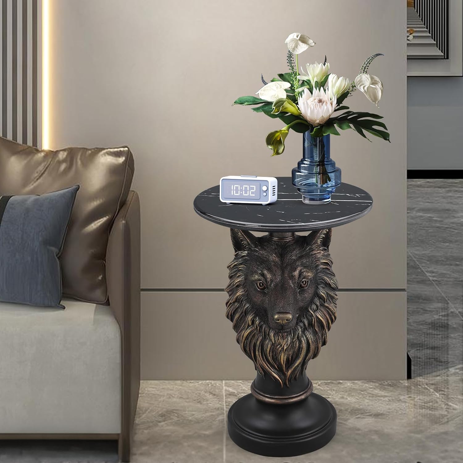 Animal Statue Accent End Table Faux Marble Top Resin Sculptural Pedestal Side Table for Living Room Bedroom Entryway Reading Nook Home Decor Display Stand Small Round Nightstand (Wolf Head)