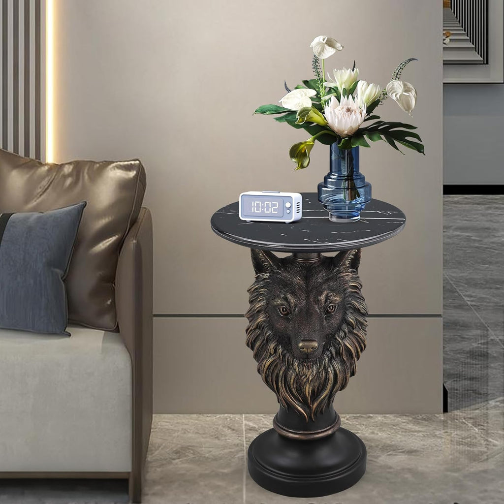 Virubi Wolf Head Accent Table Animal Statue End Table, Faux Marble Top Resin Pedestal Table, Luxury Statement Furniture for Living Room Hallway