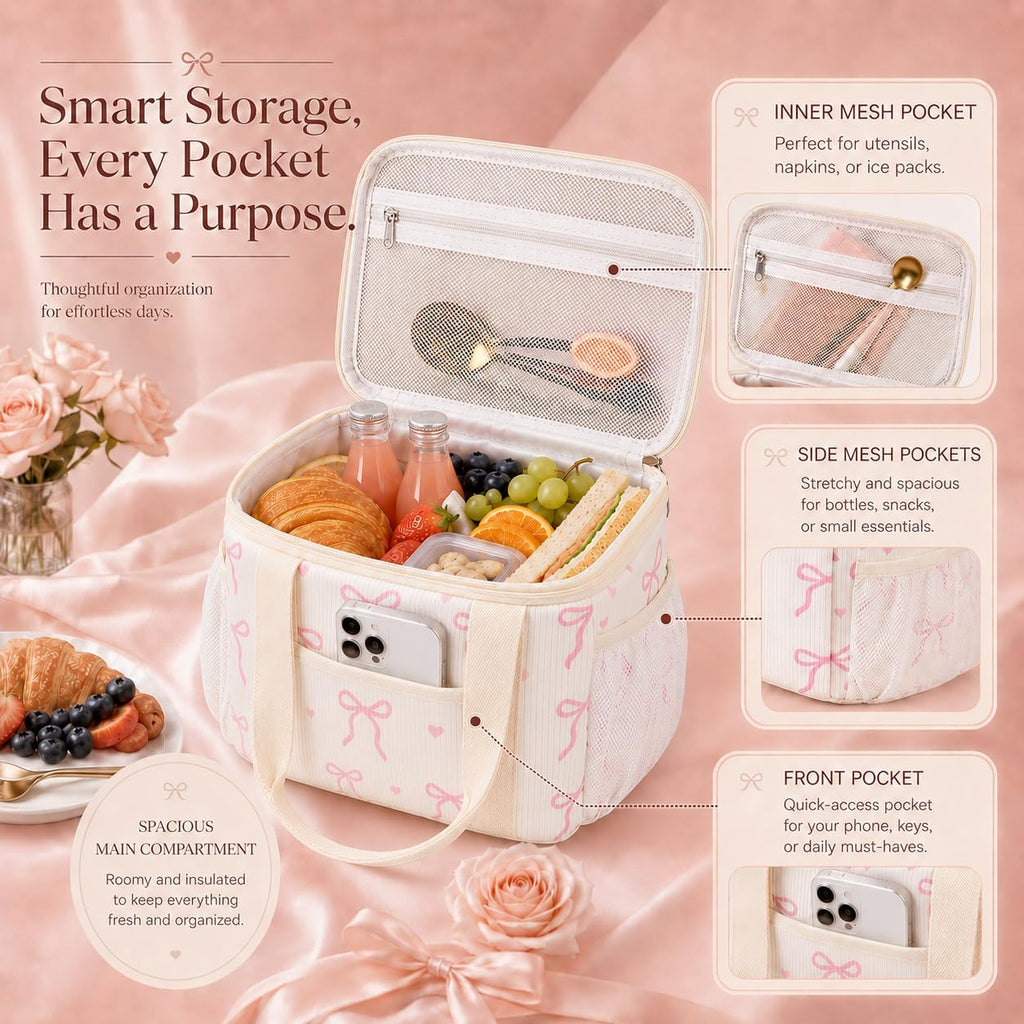 LOIDOU Lunch Box for Women Men Insulated Corduroy Lunch Bag Cooler Leakproof Reusable Adult Lunchbox Adjustable Strap lunch tote for Work Office Beach Picnic (Beige Bow)