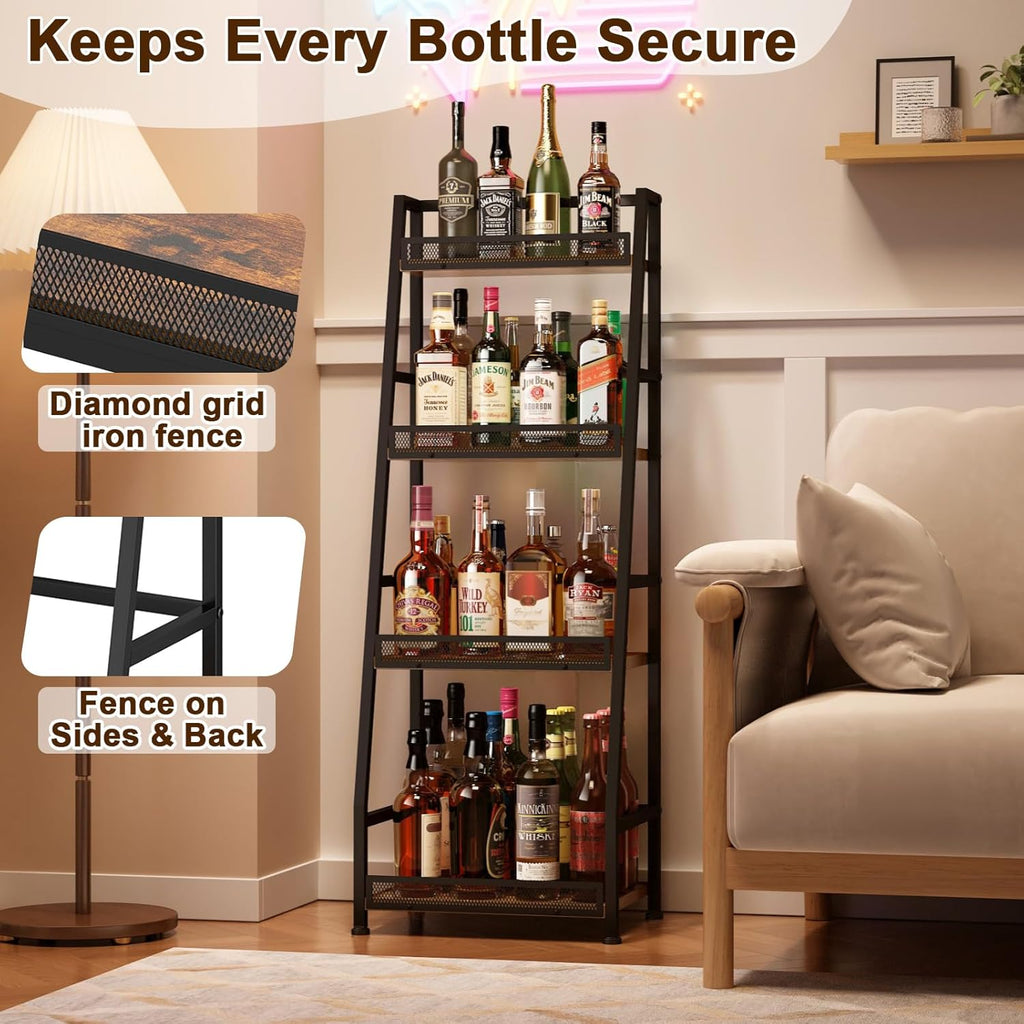 4-Tier Trapezoid Liquor Stand for Home Bar, Stepped Wine Rack Freestanding Floor Liquor Cabinet for Whiskey Wine, Versatile Corner Wine Bottle Display Stand with Fences, Vintage Brown（Patent Pending）