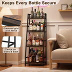 4-Tier Trapezoid Liquor Stand for Home Bar, Stepped Wine Rack Freestanding Floor Liquor Cabinet for Whiskey Wine, Versatile Corner Wine Bottle Display Stand with Fences, Vintage Brown（Patent Pending）