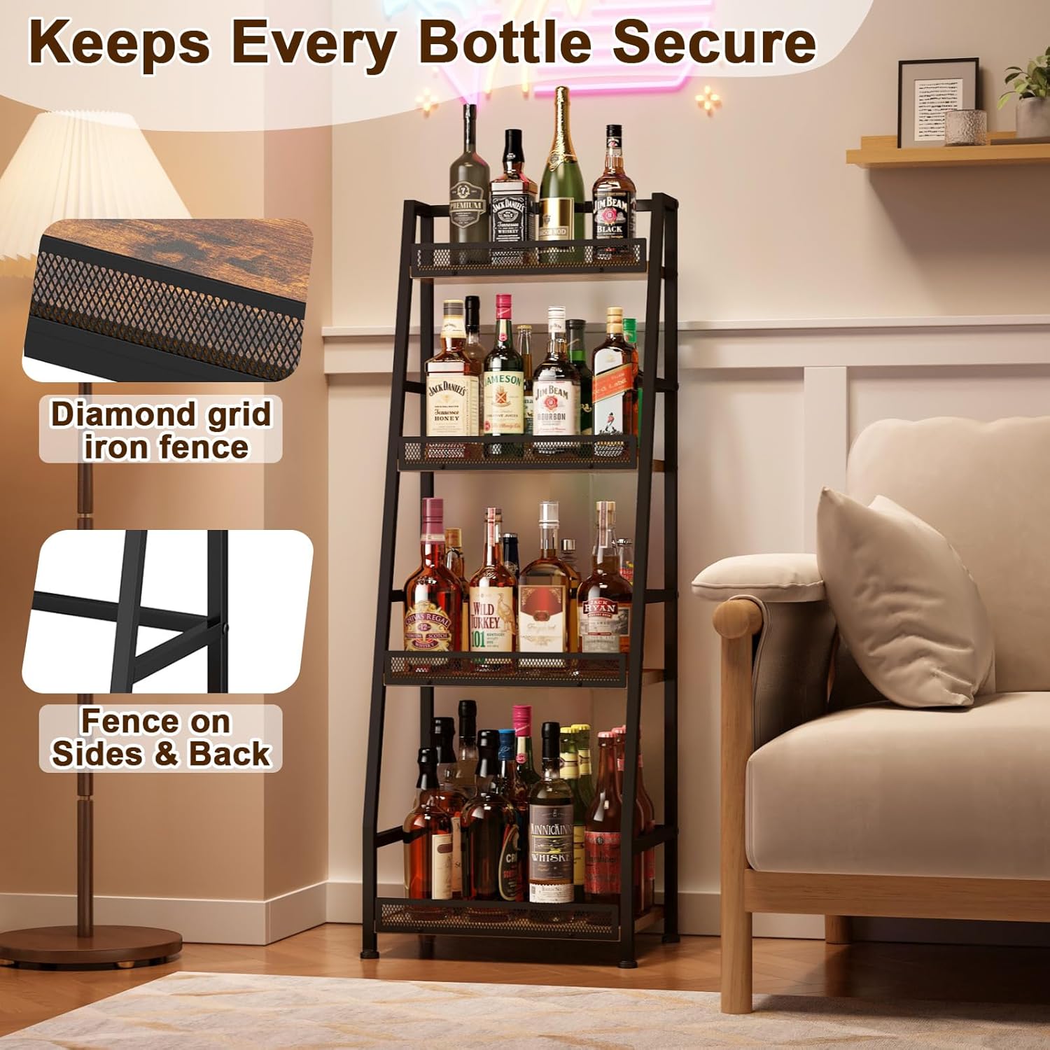 4-Tier Trapezoid Liquor Stand for Home Bar, Stepped Wine Rack Freestanding Floor Liquor Cabinet for Whiskey Wine, Versatile Corner Wine Bottle Display Stand with Fences, Vintage Brown（Patent Pending）