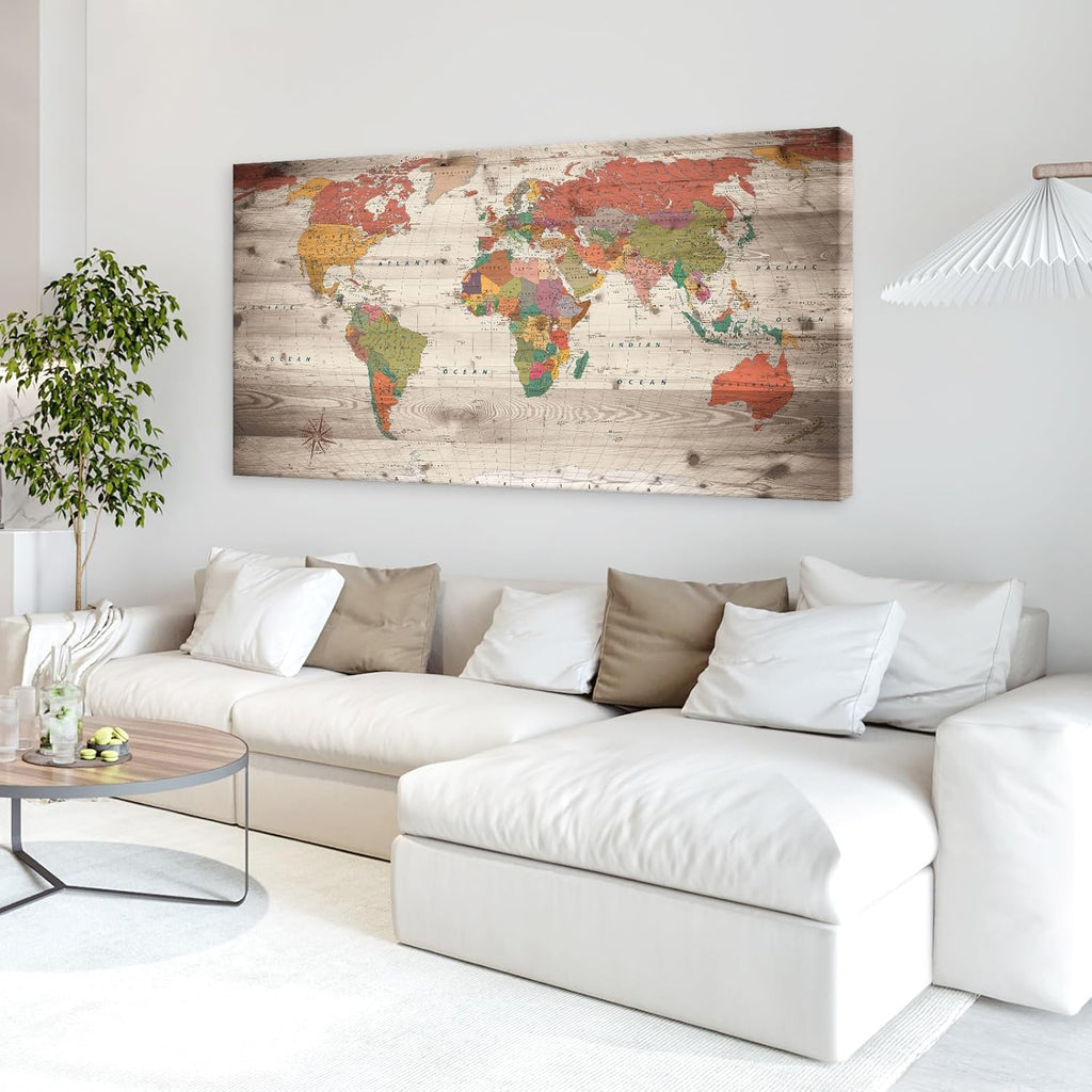 Vintage World Map Wall Art, Large Antique Style Map on Wood Plank Background, Retro Political World Map Poster for Living Room, Office, Study Decor, Canvas Print/Wall Decor
