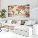 Vintage World Map Wall Art, Large Antique Style Map on Wood Plank Background, Retro Political World Map Poster for Living Room, Office, Study Decor, Canvas Print/Wall Decor