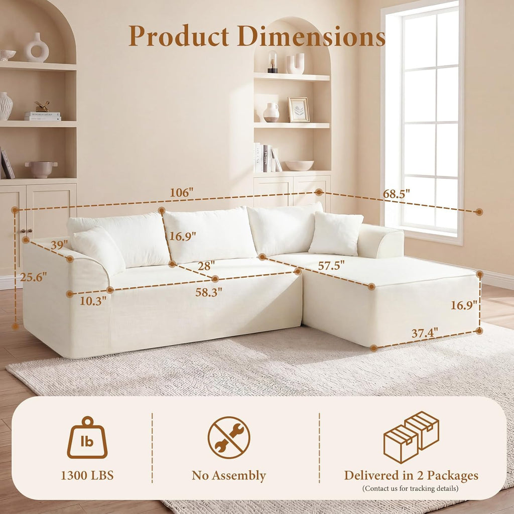 Vesgantti 106" Cloud Sectional Couch with Chaise, Deep Seat Modular Sectional Sofa Chenille Memory Foam Sofa Boneless Couches for Living Room Bedroom, No Assembly Required (Beige, Right-Facing Chaise)
