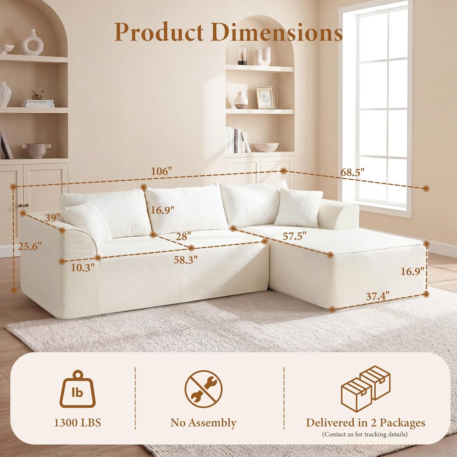 Vesgantti 106" Cloud Sectional Couch with Chaise, Deep Seat Modular Sectional Sofa Chenille Memory Foam Sofa Boneless Couches for Living Room Bedroom, No Assembly Required (Beige, Right-Facing Chaise)