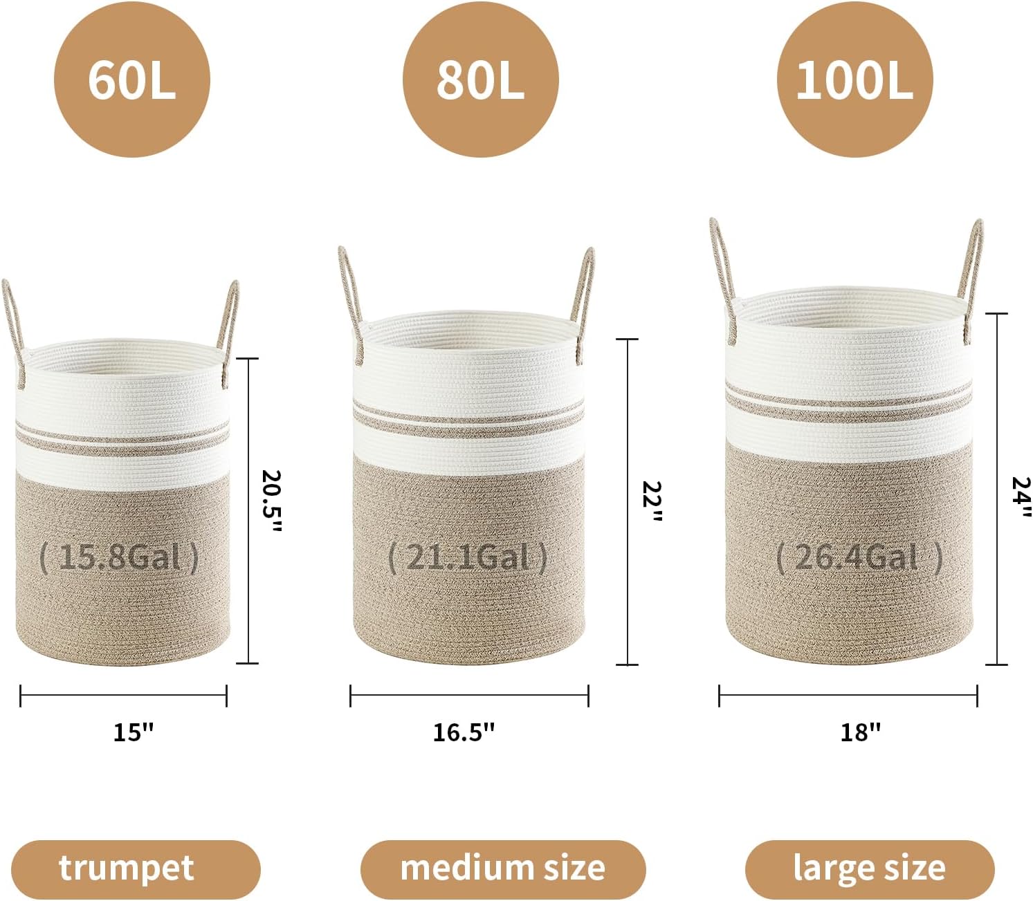 Laundry Basket Hamper Tall Rope Storage Woven for Blanket toys Dirty Clothes in Living Room Bathroom Bedroom (Brown&White, 60L/15.8Gal)