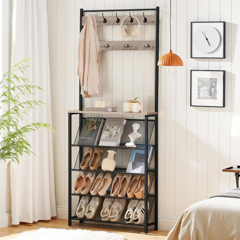 HOOBRO Hall Tree with Bench, Narrow Shoe Rack with Coat Rack, Coat Rack with Shoe Storage, 5 Tier Slanted Shoe Storage Organizer, Coat and Shoe Rack Entryway, Slim Hall Tree, Greige BG20MT01