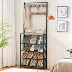 HOOBRO Hall Tree with Bench, Narrow Shoe Rack with Coat Rack, Coat Rack with Shoe Storage, 5 Tier Slanted Shoe Storage Organizer, Coat and Shoe Rack Entryway, Slim Hall Tree, Greige BG20MT01