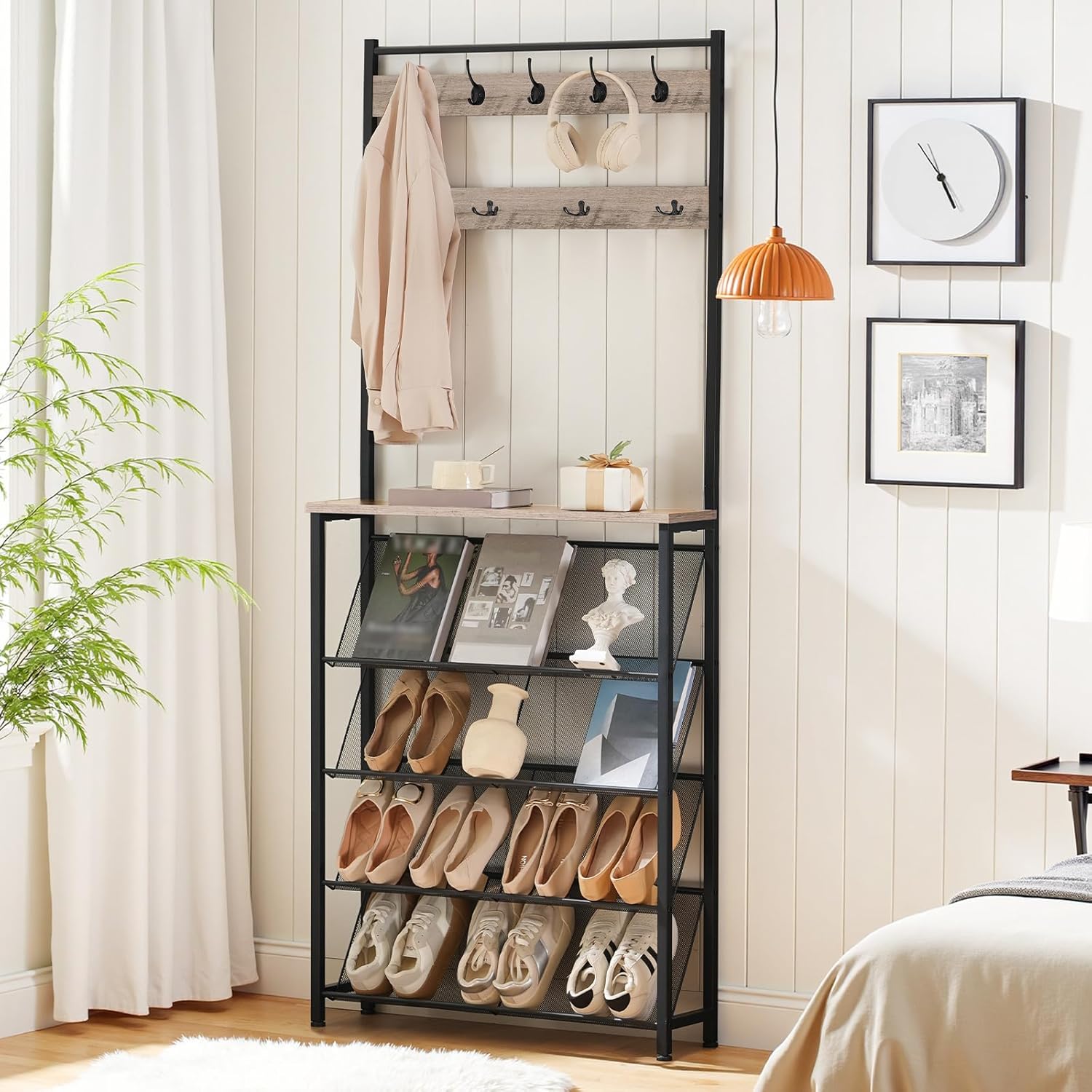 HOOBRO Hall Tree with Bench, Narrow Shoe Rack with Coat Rack, Coat Rack with Shoe Storage, 5 Tier Slanted Shoe Storage Organizer, Coat and Shoe Rack Entryway, Slim Hall Tree, Greige BG20MT01
