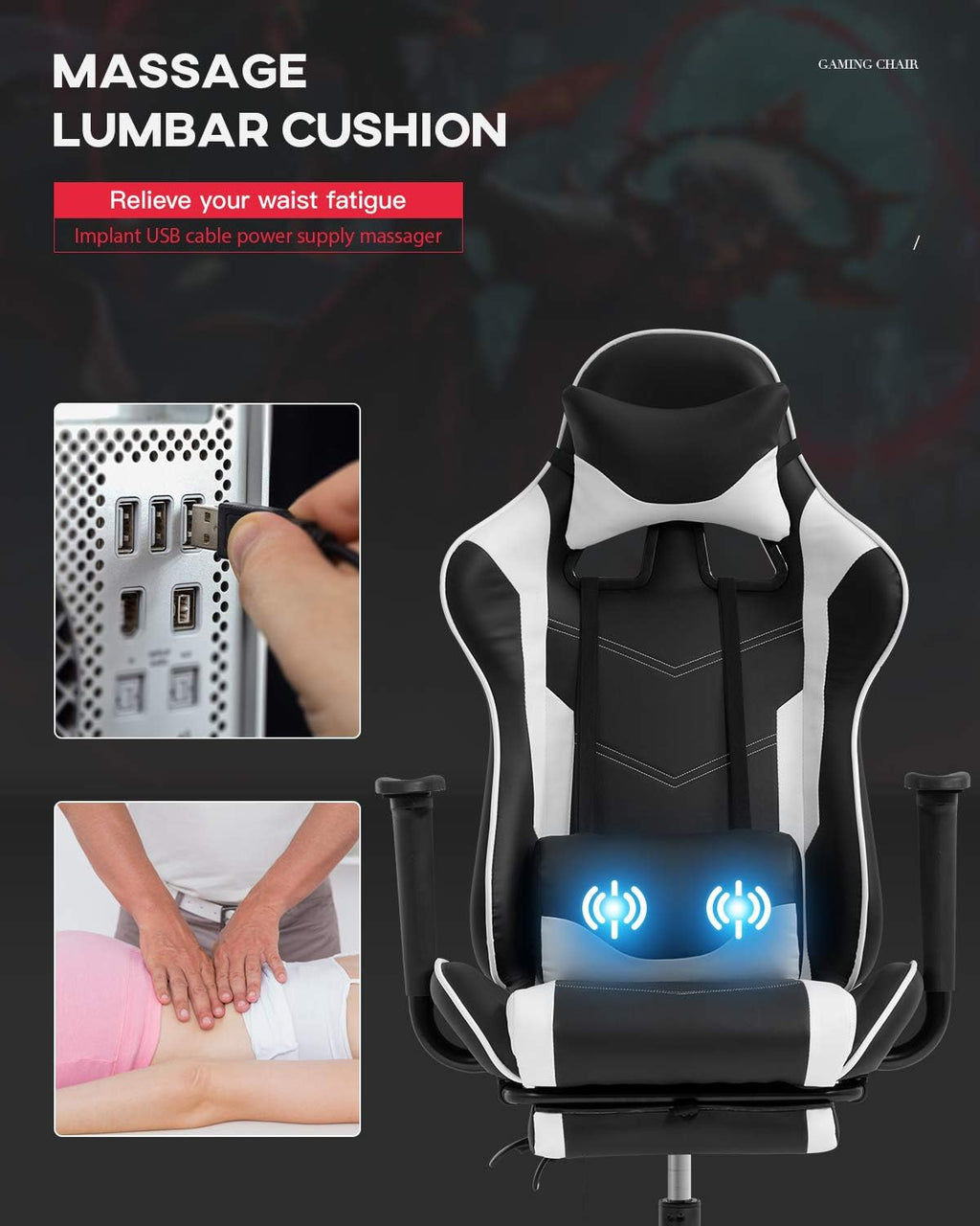 Computer Gaming Chair PC Ergonomic Office Chair Home Executive Desk Chair Adjustable High-Back PU Leather Racing Rolling Swivel Task Lumbar Support Footrest Headrest Armrest Massager