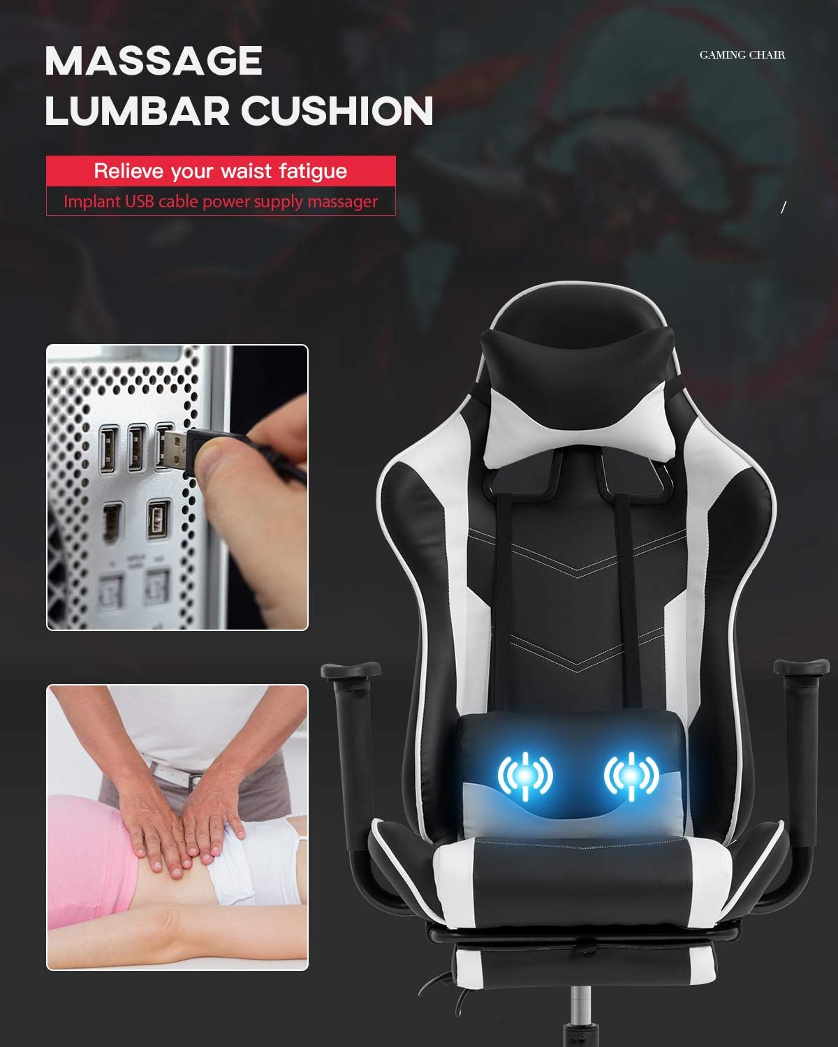 Computer Gaming Chair PC Ergonomic Office Chair Home Executive Desk Chair Adjustable High-Back PU Leather Racing Rolling Swivel Task Lumbar Support Footrest Headrest Armrest Massager