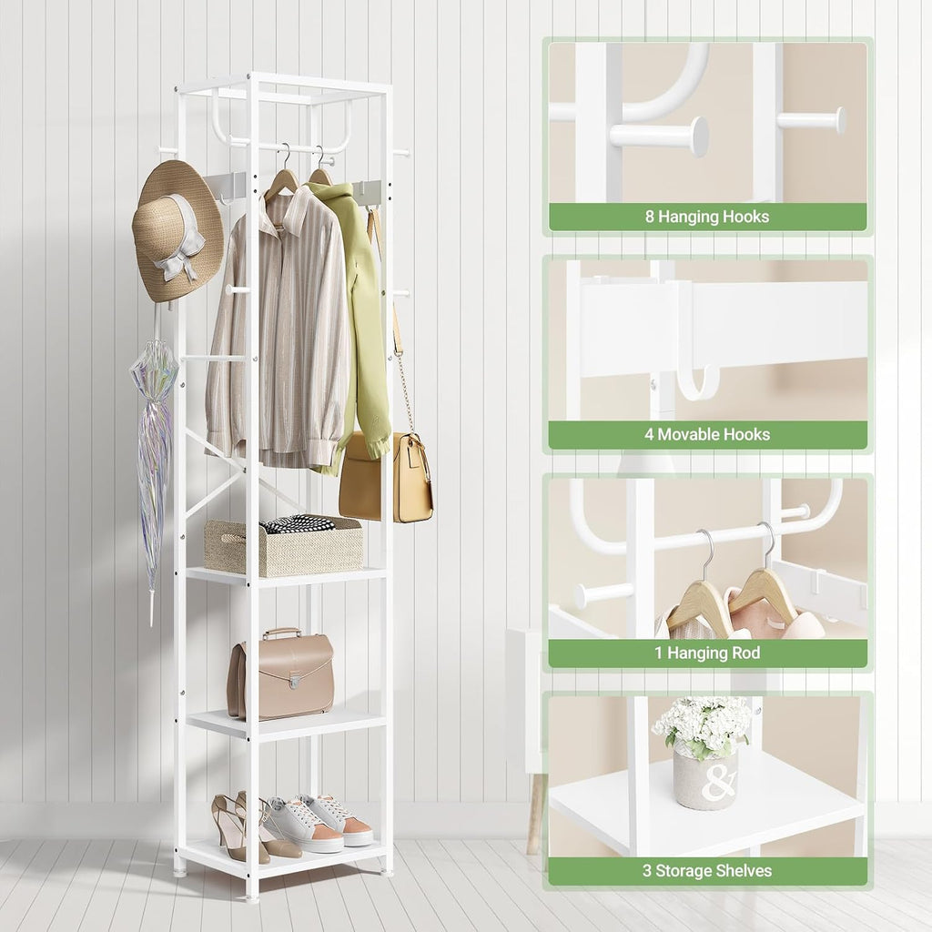 ELYKEN Coat Rack Freestanding, Hall Tree with 3 Shelves and 12 Hooks, White | Industrial Metal Frame, Space-Saving Design, Clothes Rack Stand Organizer for Bedroom, Hallway, Entryway, Office, Living Room