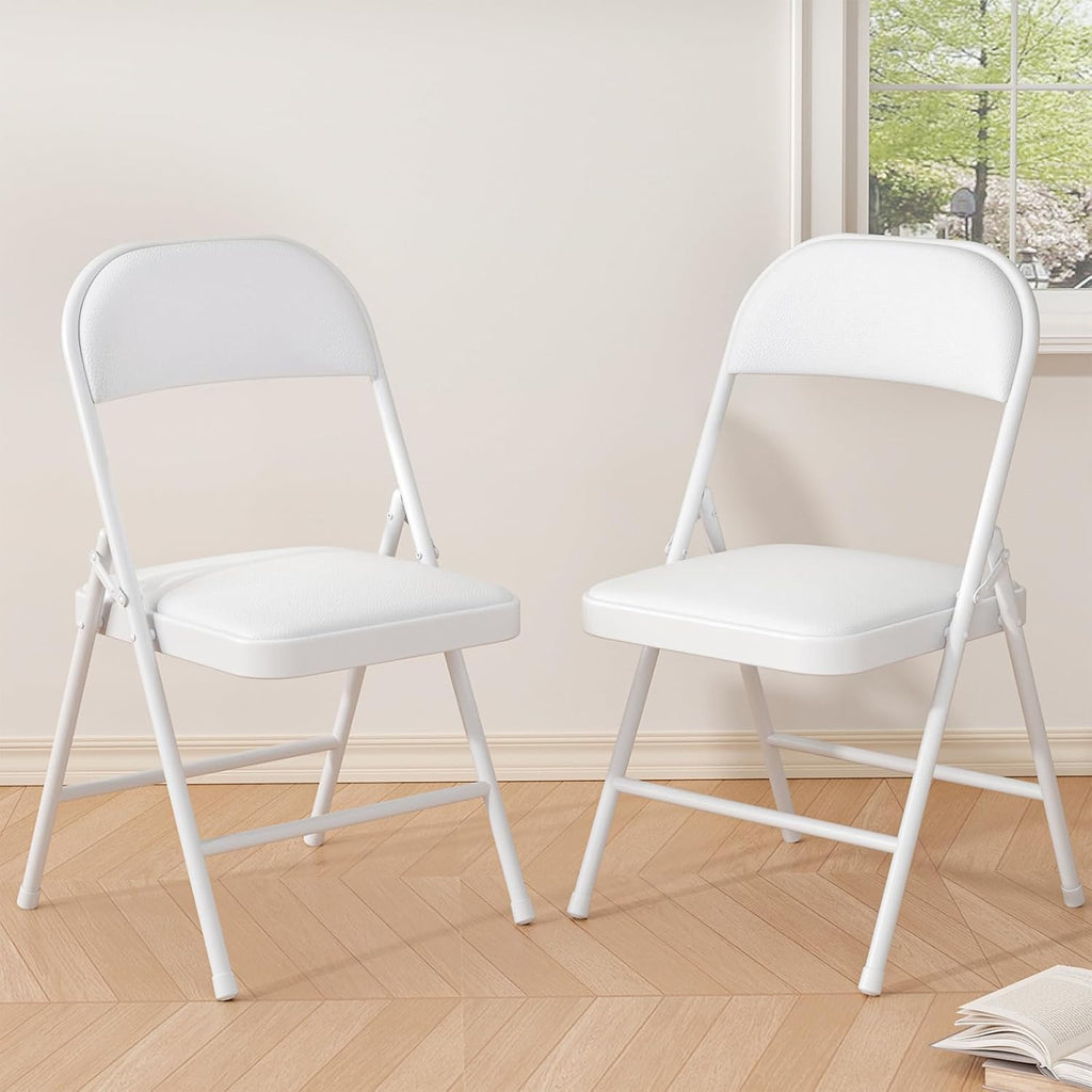 Folding Chairs 2 Pack,350 lbs Heavy Duty Metal Frame Folding Chairs with PU Leather Padded Seat,Ergonomic Portable Foldable Chair with Non-Slip Rubber Feet for Indoor Outdoor Wedding Patio Party,White