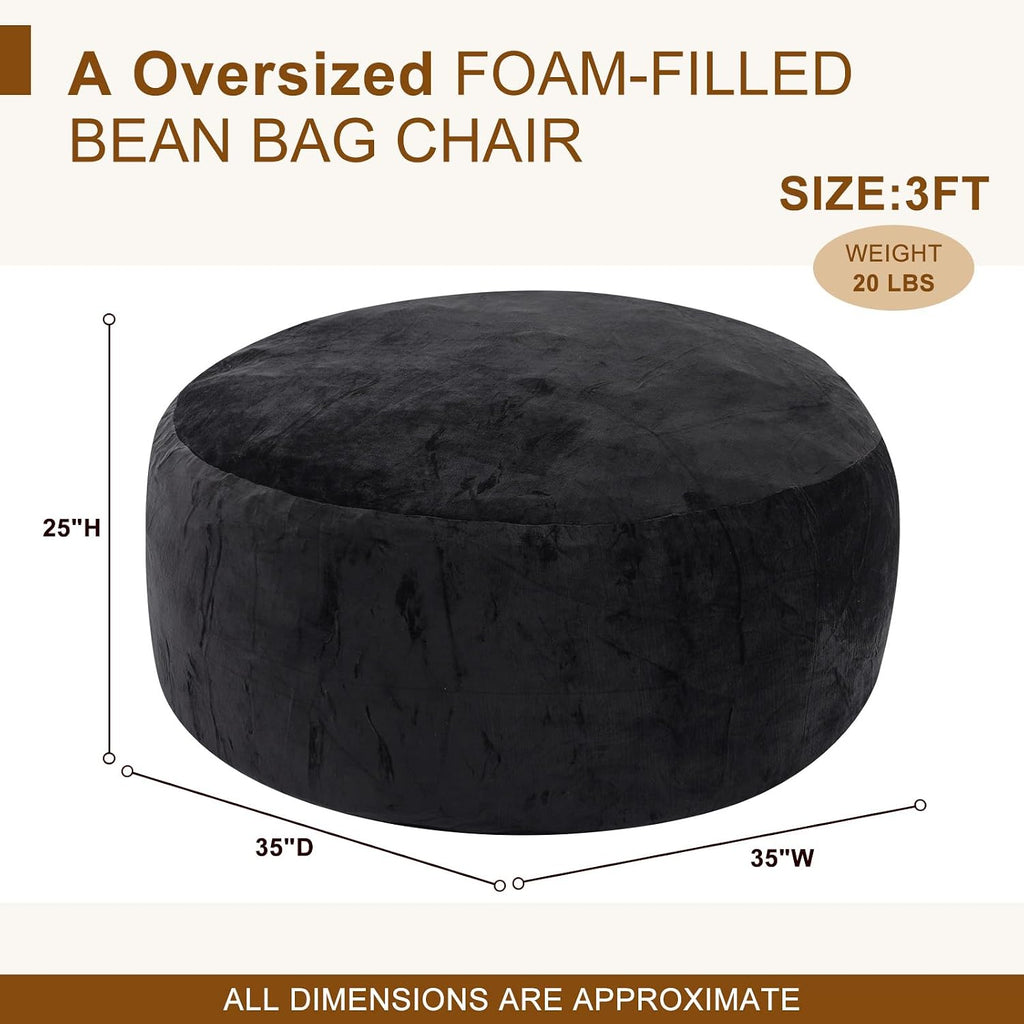 Magic in House 3FT Bean Bag Chair - BeanBag Chairs with Filler, Large Round Fluffy Sofa for Adults, Removable Machine-Washable Flannel Cover, for Living Room & Bedroom - Black(35"x35"x25")