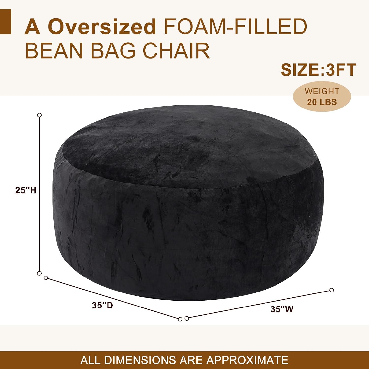 Magic in House 3FT Bean Bag Chair - BeanBag Chairs with Filler, Large Round Fluffy Sofa for Adults, Removable Machine-Washable Flannel Cover, for Living Room & Bedroom - Black(35"x35"x25")