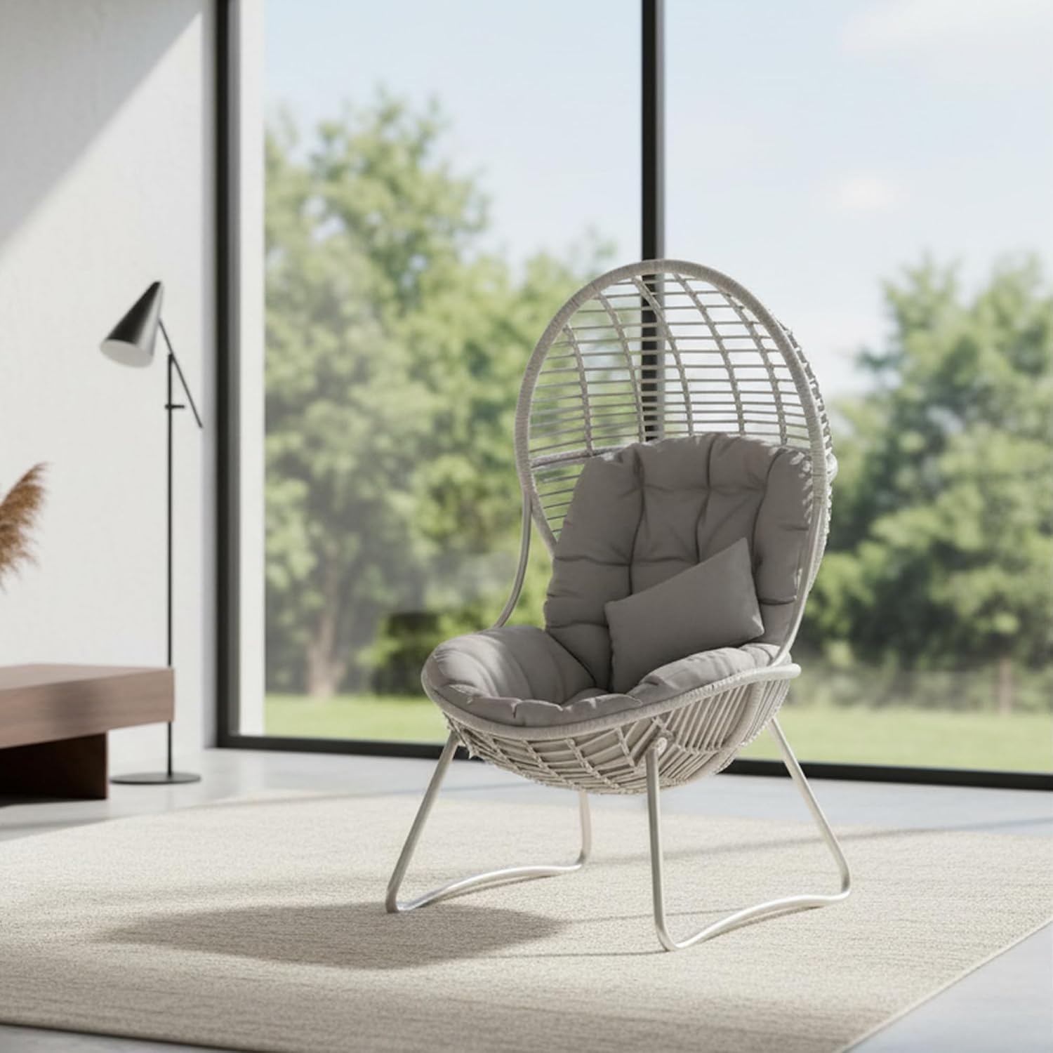 Kingdura Outdoor Wicker Egg Chair with Cushion, Oversized PE Rattan Chair, All-Weather Patio Lounge Chair for Balcony Porch Lawn & Indoor, 440LBS Capacity (Beige)