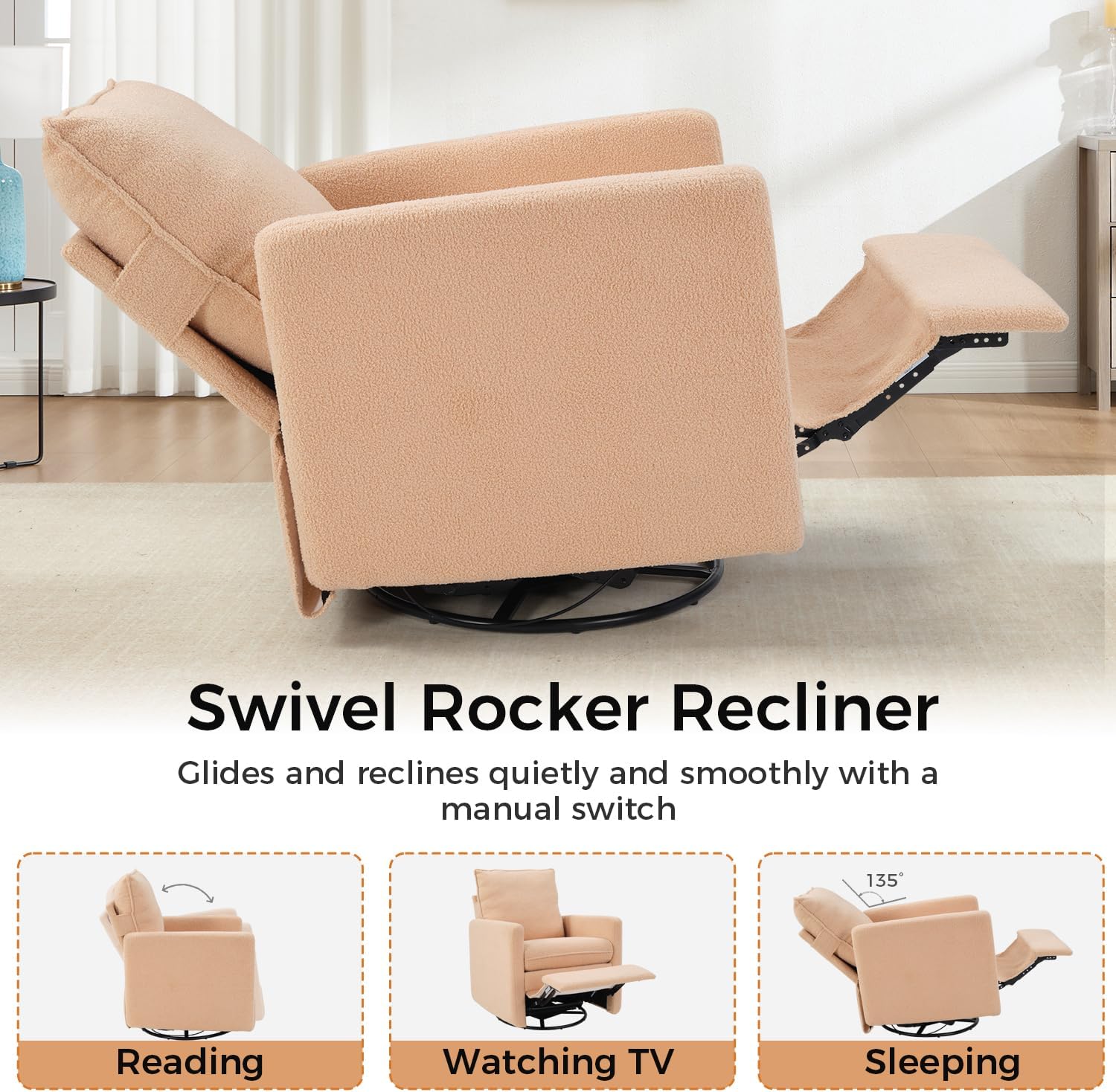 CANMOV Swivel Rocker Recliner Chair, Teddy Upholstered Nursery Glider Chair, Manual Reclining Chair with Two Removable Pillows for Living Room (Camel)
