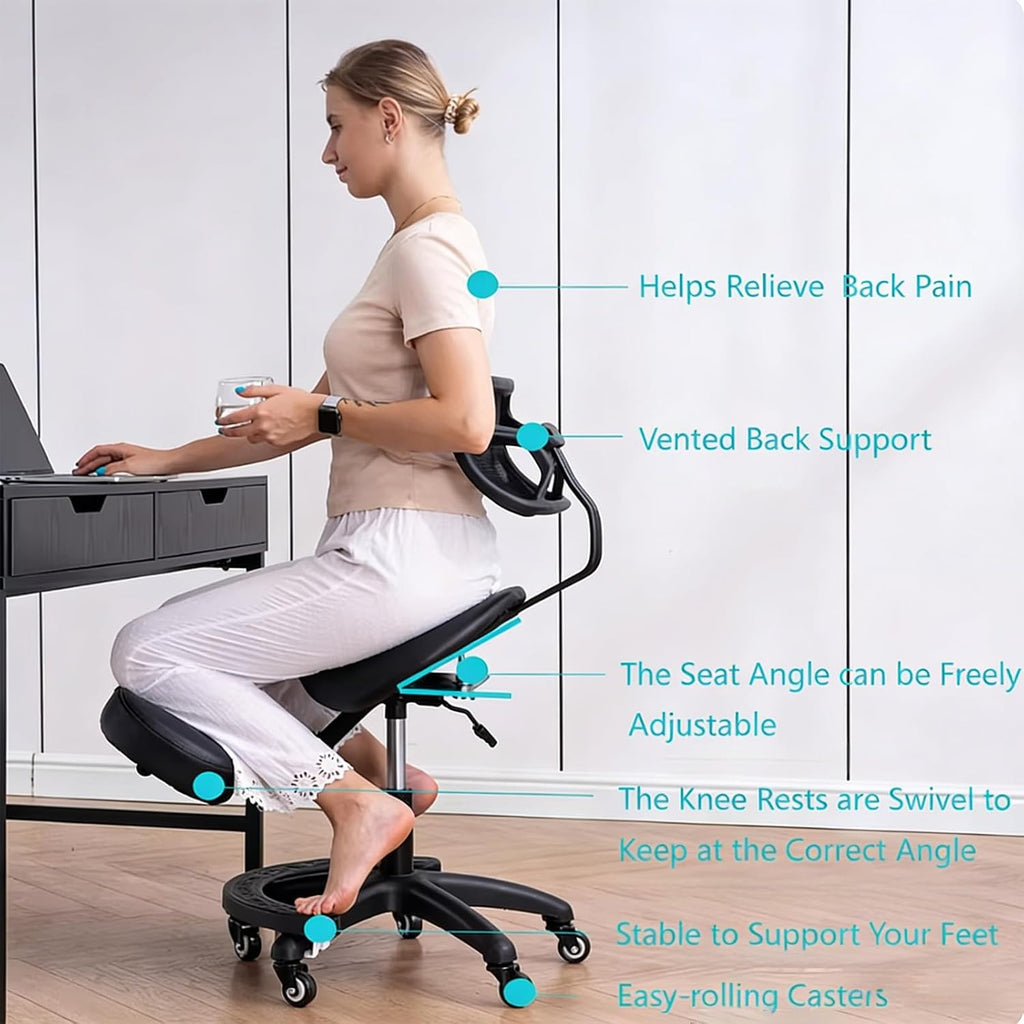 Modern Ergonomic Saddle-Shaped Kneeling Chair with Backrest, 360-Degree Swivel and Adjustable Angle Office Chair, Black Leather