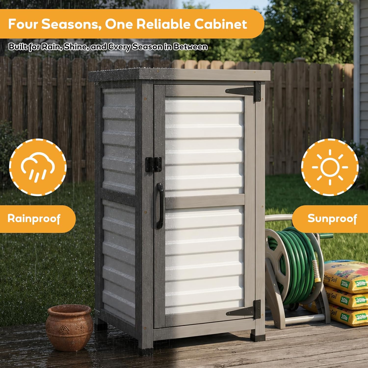 PetsCosset Small Outdoor Storage Cabinet, Wood & Plastic Potting Bench Table Tool Organizer for Patio Backyard Garden, Metal Top, Adjustable Shelf, Corner Storage for Narrow Spaces