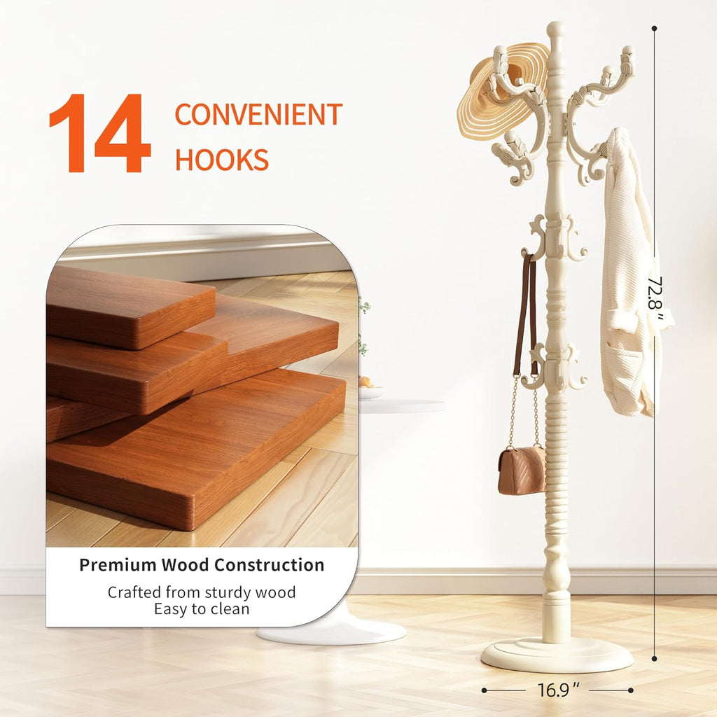 Wood Coat Rack Stand Wooden Coat Rack Freestanding,White | Hall Coat Tree with Sturdy Round Base 14 Hooks for Hat Bag Purses Vintage Coat Tree Hanger Stand for Entryway Hallway Bedroom