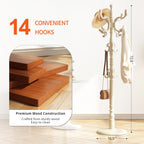 Wood Coat Rack Stand Wooden Coat Rack Freestanding,White | Hall Coat Tree with Sturdy Round Base 14 Hooks for Hat Bag Purses Vintage Coat Tree Hanger Stand for Entryway Hallway Bedroom