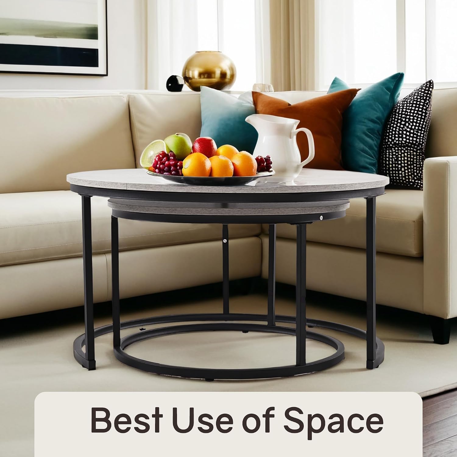 Otterease Nesting Tables Set of 2, 31.5" Round Coffee Table, Large Nesting Coffee Table with Adjustable Non-Slip Fee, Wood Grain Top Nesting Tables for Living Room, Bedroom (Wood Grain Grey)