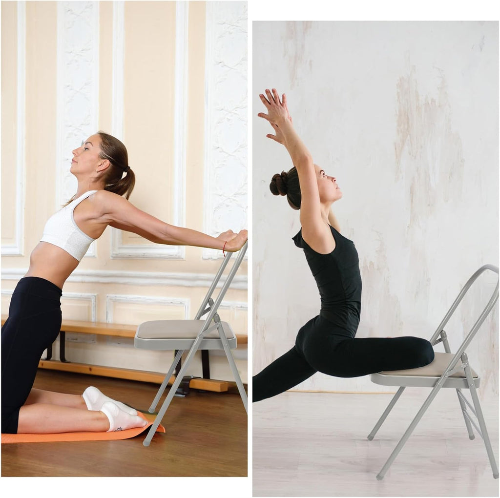 RattanView Yoga Auxiliary Chair with Lumbar Back Support Backless Folding Metal Foldable Flexibility Exercise Chair Balance Handstand Training Tool for Back Pain Relieving Strength Training