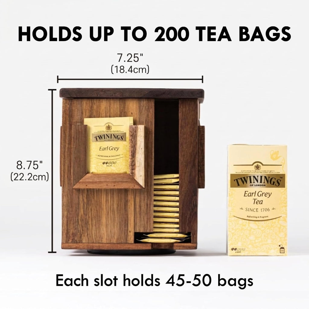 Rotating Tea Bag Organizer, Acacia Wood, 4-Sided | Storage Box, For Home or Office, 4-Sided Rotating Design