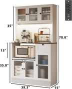 70.8" Kitchen Hutch Cabinet with Storage for Living & Dining Room, Kitchen Pantry Cabinet with LED Light & Outlet, White Cabinet with Walnut Tabletop