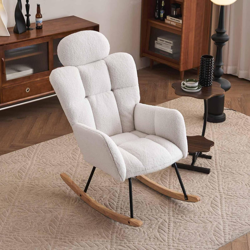 Nursery Rocking Chair - Teddy Fabric Upholstered Glider Rocking Chair with High Backrest & Pillow for Living Room & Bedroom - Easy Assembly Wood/Metal Base (Ivory)