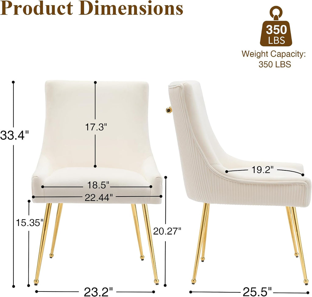 adochr Velvet Dining Chairs Set of 4, Modern Upholstered Kitchen Chair with Pull Handle & Pleated Back, Mid Century Accent Chair with Gold Metal Legs for Vanity,Dining,Kitchen,Living Room, Beige
