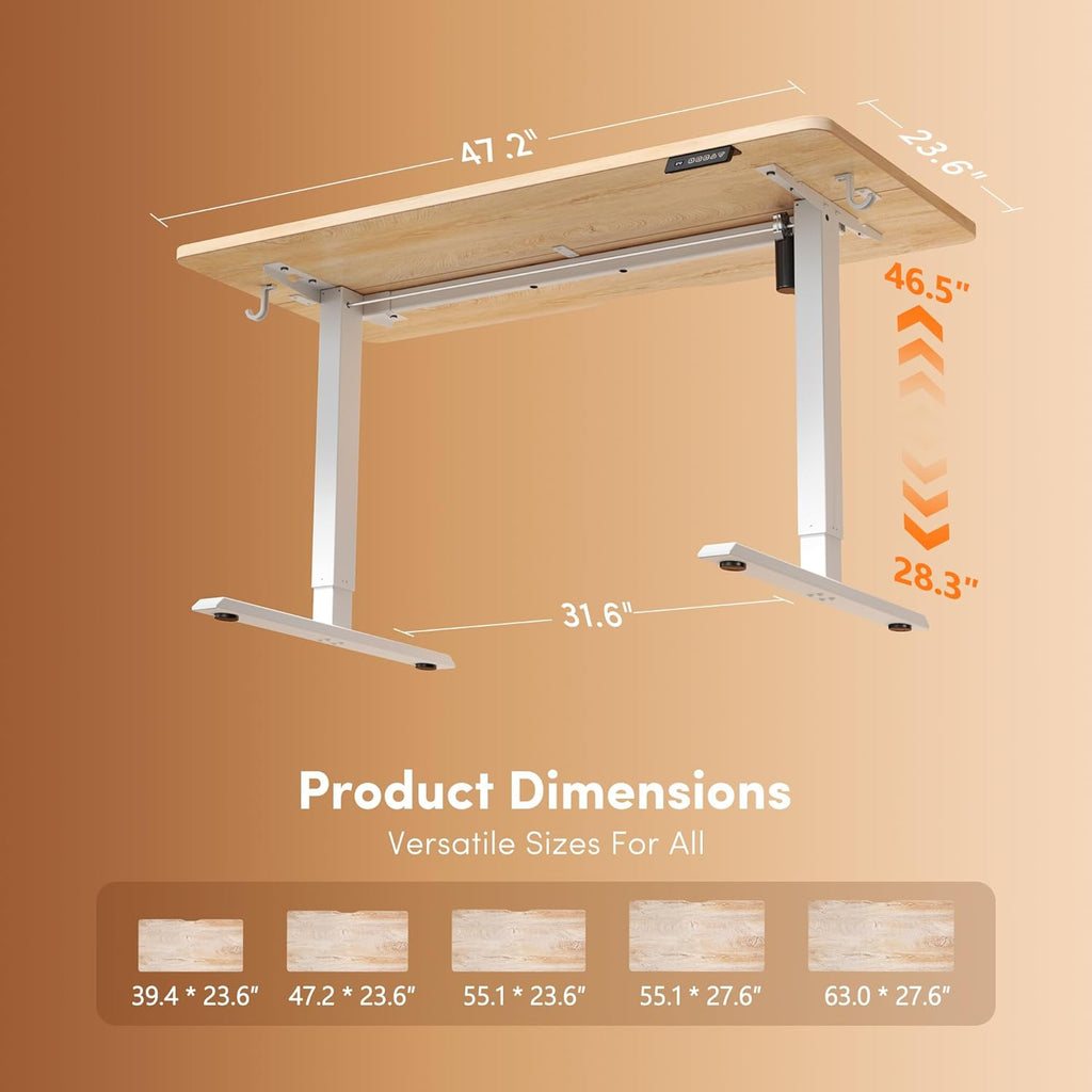 Electric Height Adjustable Standing Desk 48 x 24 Inch, Sit Stand Up Computer Office Desk with Splice Board, White Frame and Maple Top