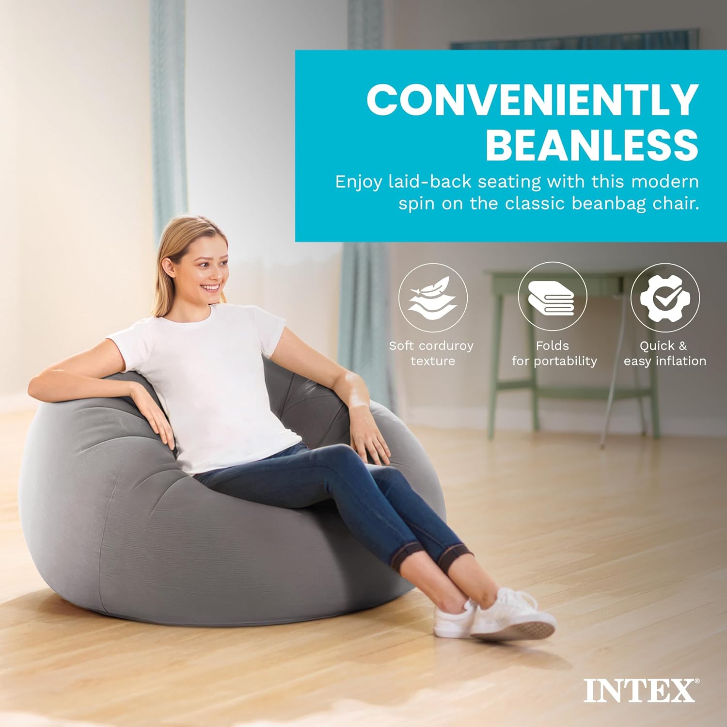 INTEX 68579EP Beanless Bag Inflatable Lounge Chair: Corduroy Textured Flocking – Durable Vinyl – Folds Compactly – 220lb Weight Capacity – 45" x 45" x 28"