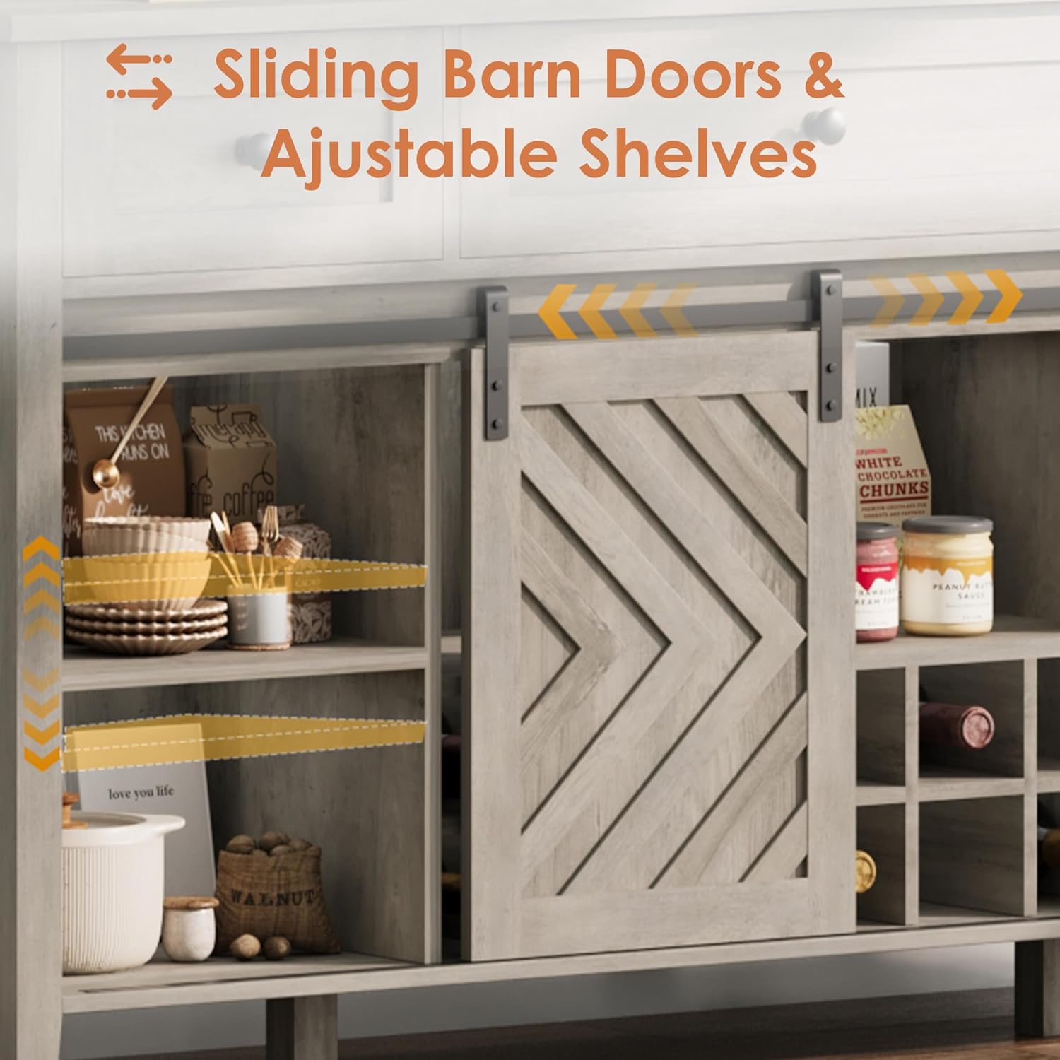 CABIHOME Farmhouse 47.2'' Buffet Cabinet with Sliding Barn Door, 33.4'' Tall Wood Rustic Sideboard with 3 Drawer, Adjustable Shelf and Removable Wine Rack (Vintage, 59'')