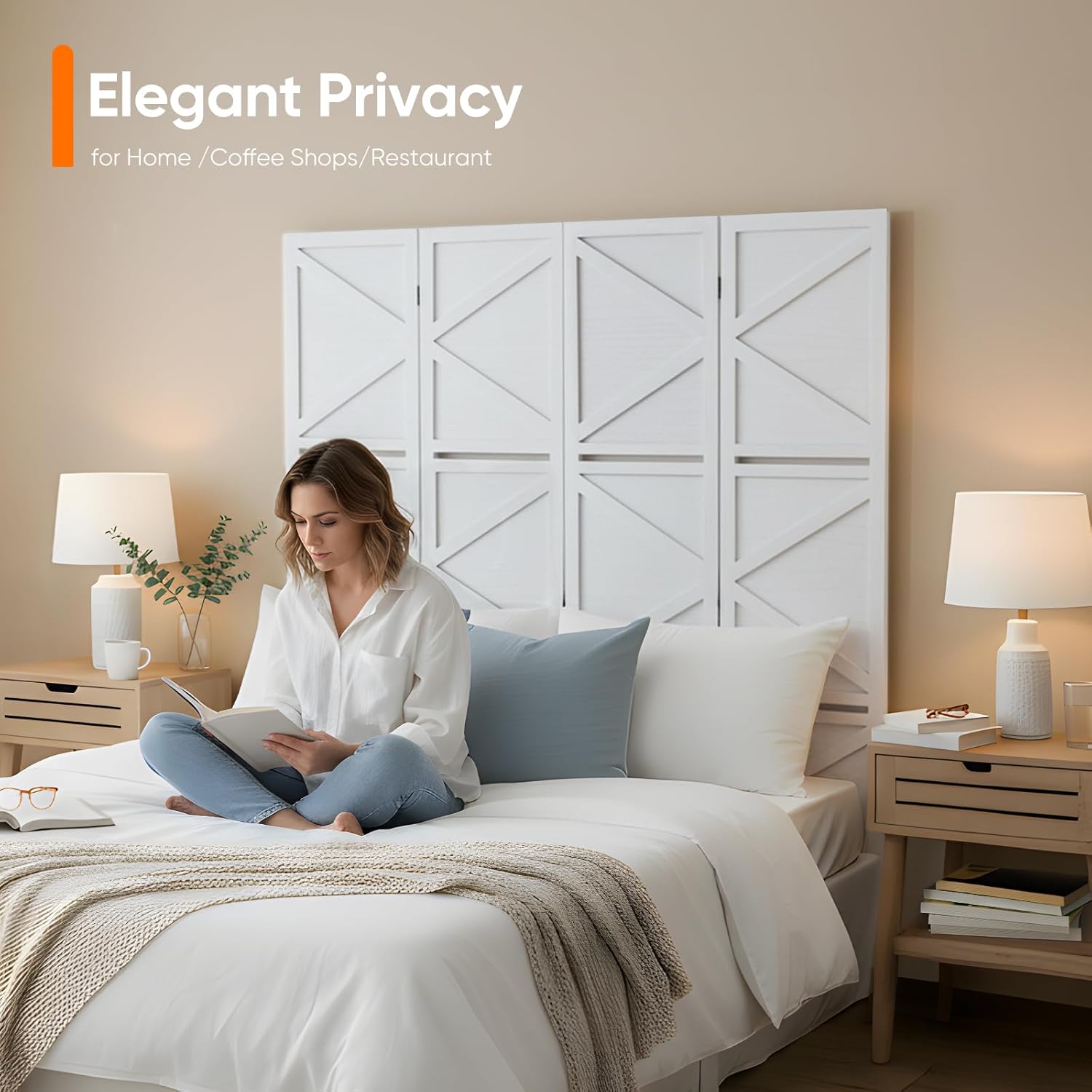Modern Room Divider with Shelves, White X-Shape Design Folding Partition, 8-Panel Contemporary Freestanding Divider for Bedroom&Office, 67" H x 125.6" W(Two Independent 4-Panel partitions)