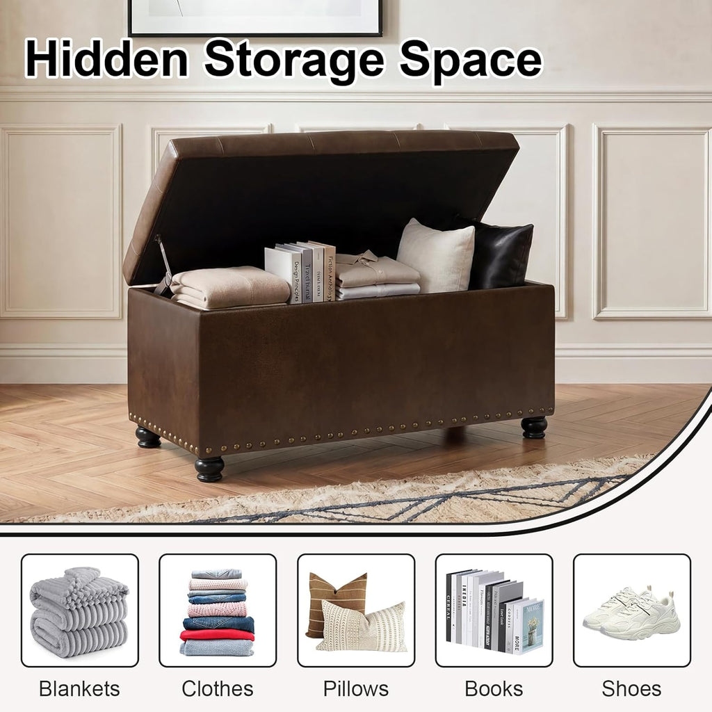 Asense Storage Ottoman Bench, Faux Leather Ottoman with Storage for Living Room Bedroom, Multi-Functional Storage Chest Foot Rest, Upholstered Bench for End of Bed, Entryway, 35.4" W